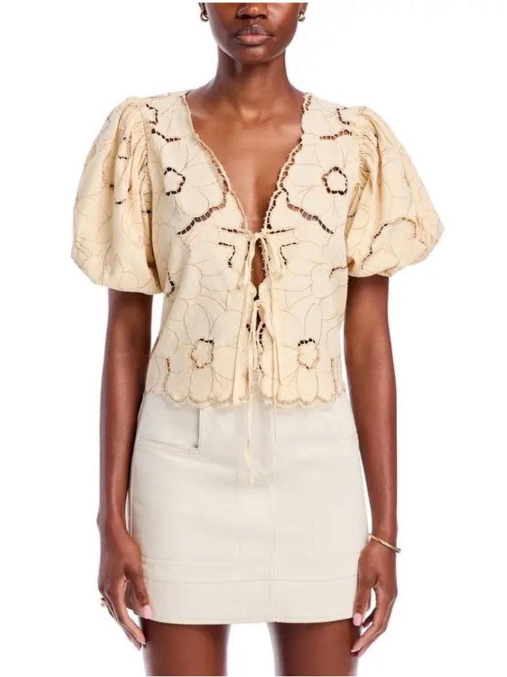 Free People Cream Eyelet Tie-Front Puff Sleeve Top - Picture 2 of 6